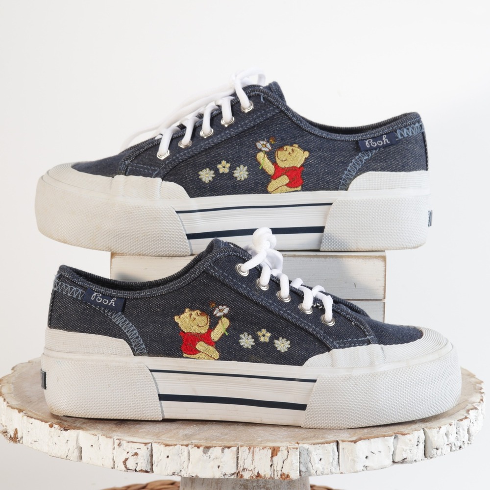 Disney Winnie the Pooh Denim Platform Sneakers Blue Embroidered Low Top Shoes